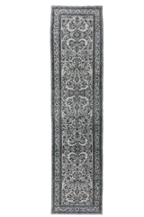 Antique Persian (3x12) Ivory & Slate Blue Hand-Knotted Wool Runner