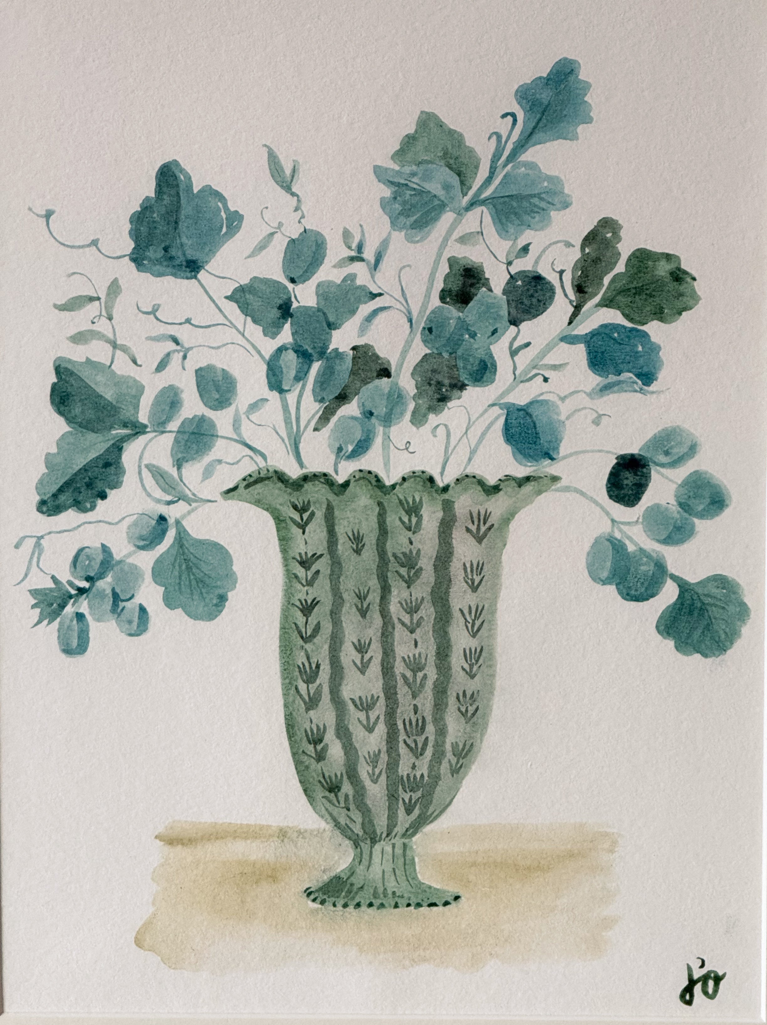 Framed Jackie O'Bosky Scalloped Vase Original Watercolor