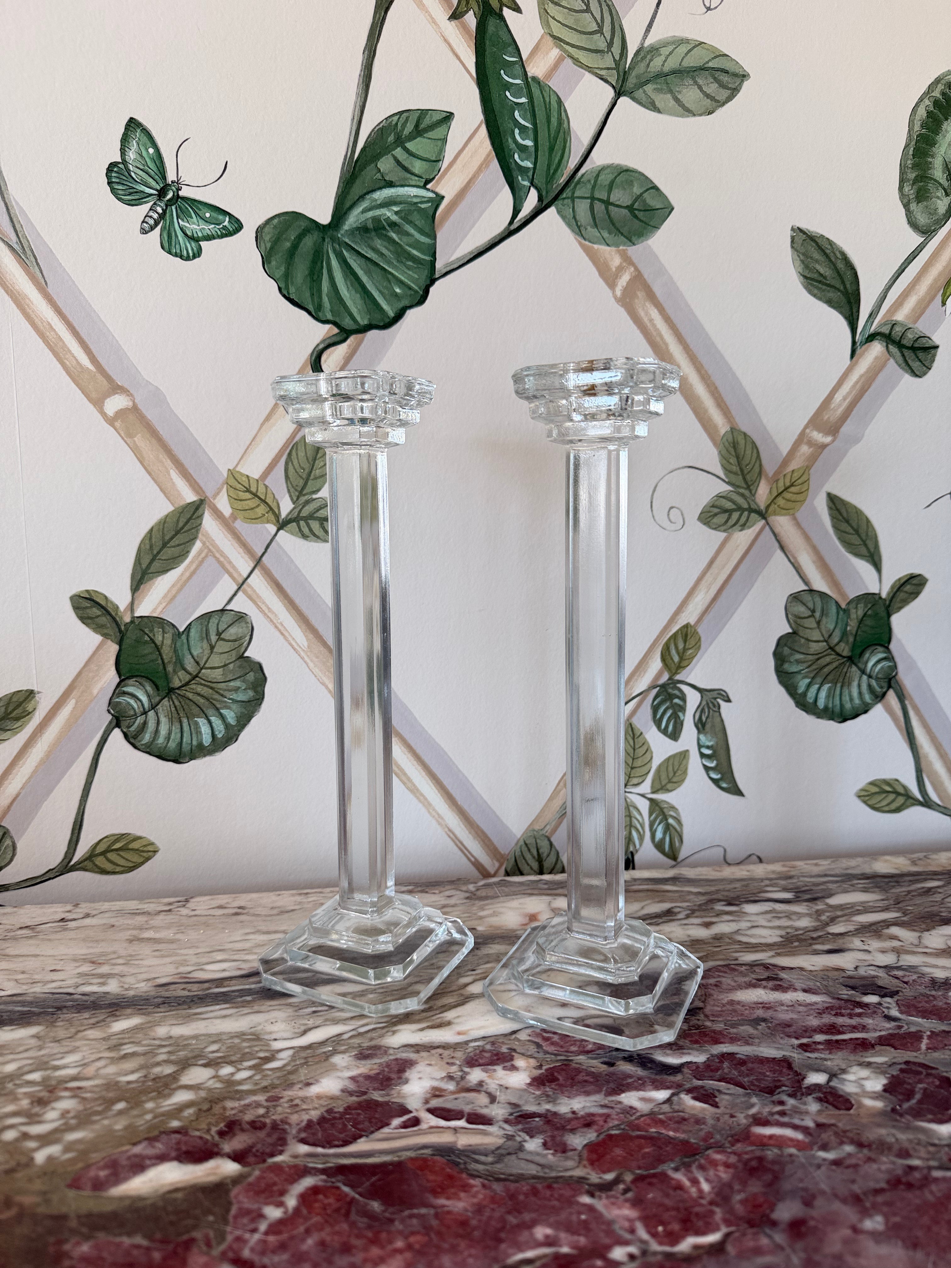 Glass Art Deco Candlestick Pair