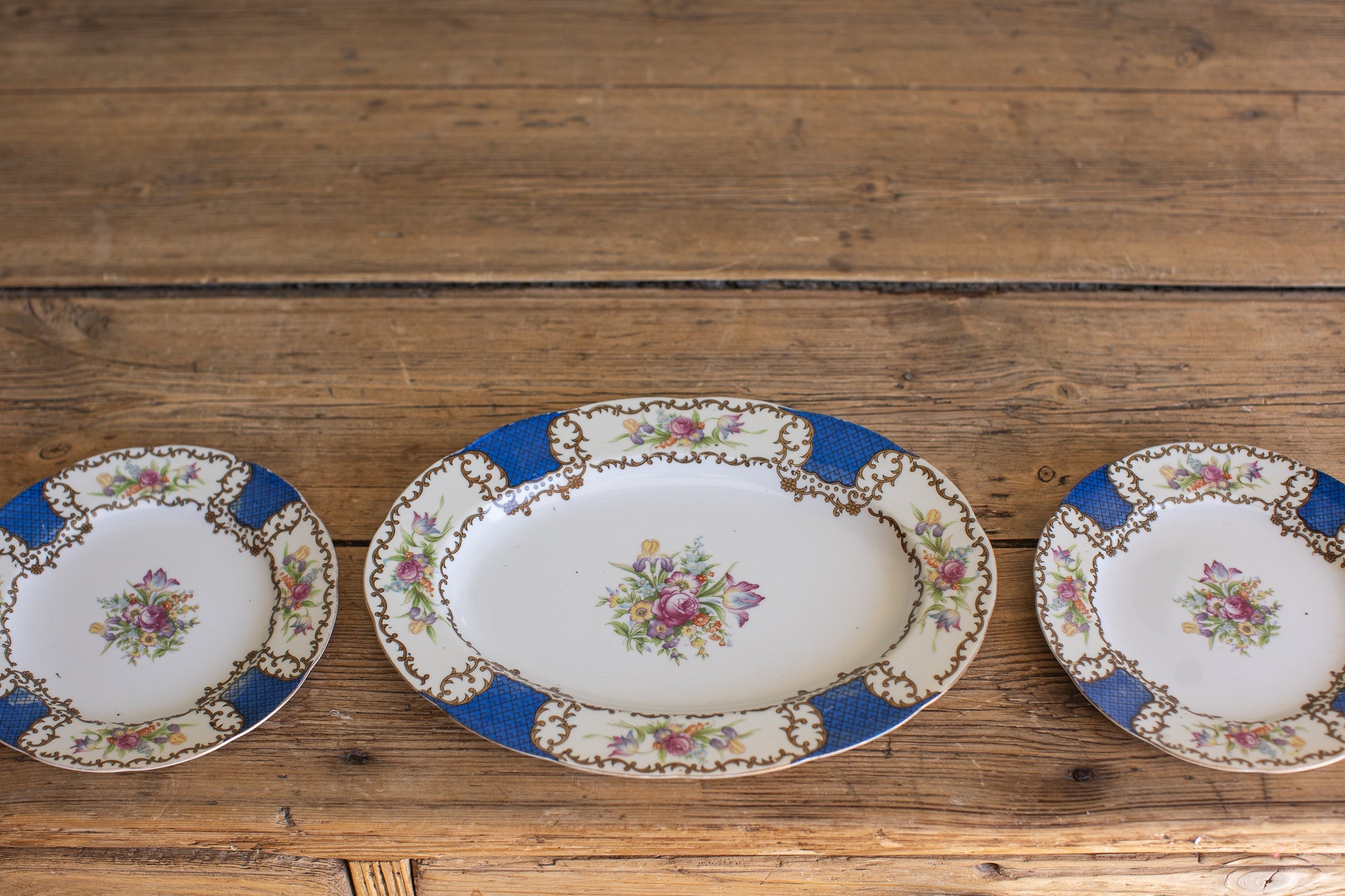 Mid-Century Floral Set, Cobalt & Gilt
