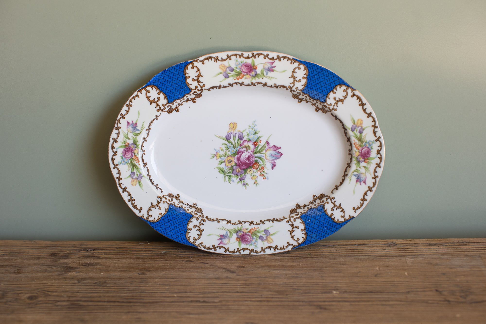 Mid-Century Floral Set, Cobalt & Gilt
