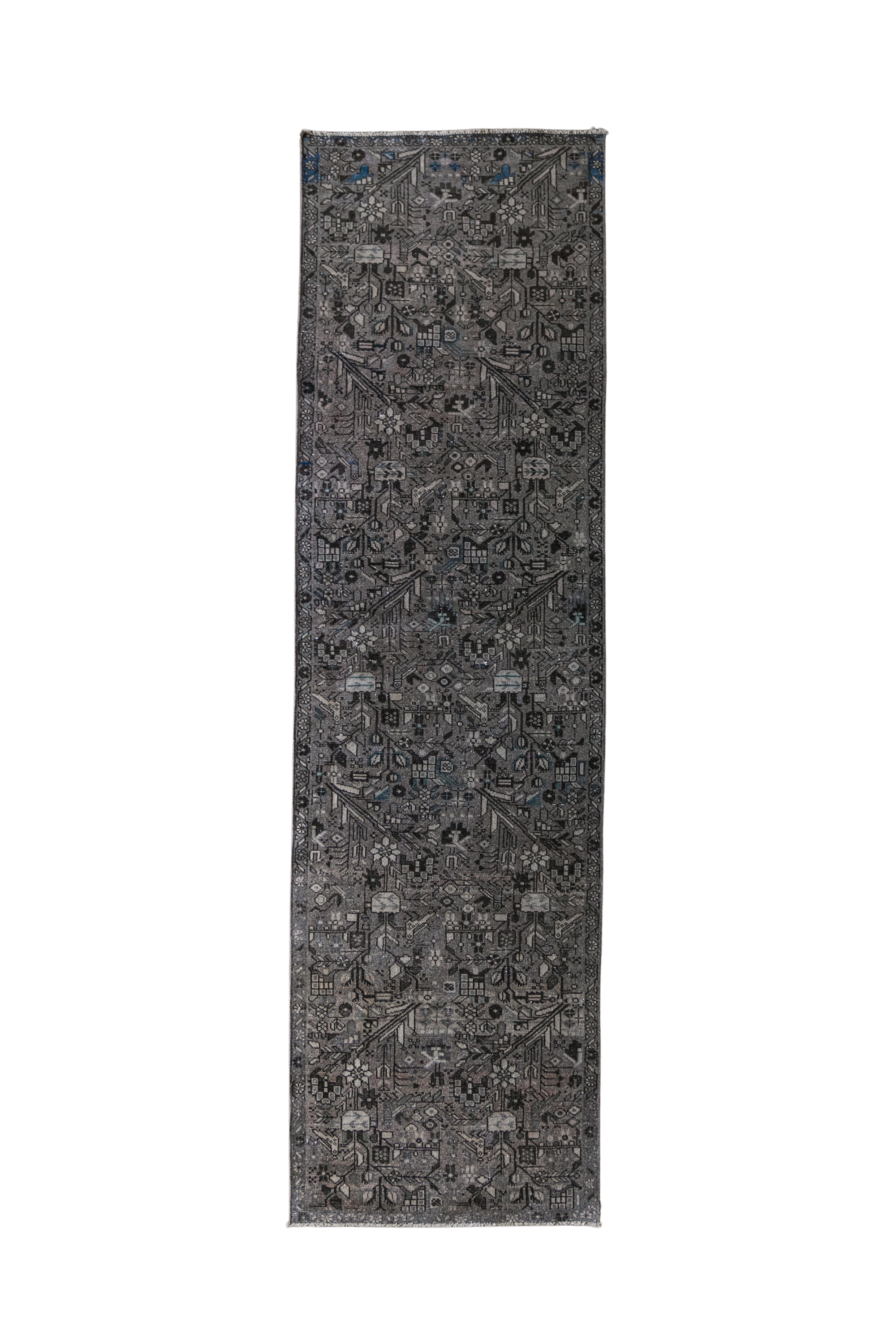 Antique Persian (3x9) Charcoal & Slate Floral Hand-Knotted Wool Runner
