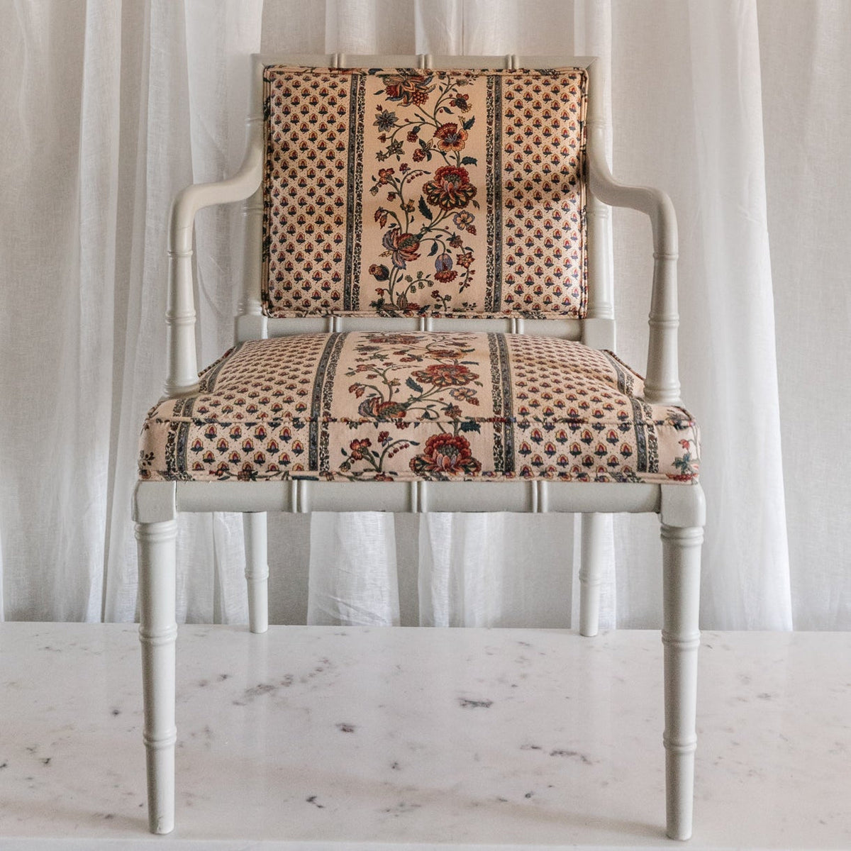 Bamboo Floral Stripe Arm Chairs, Pair
