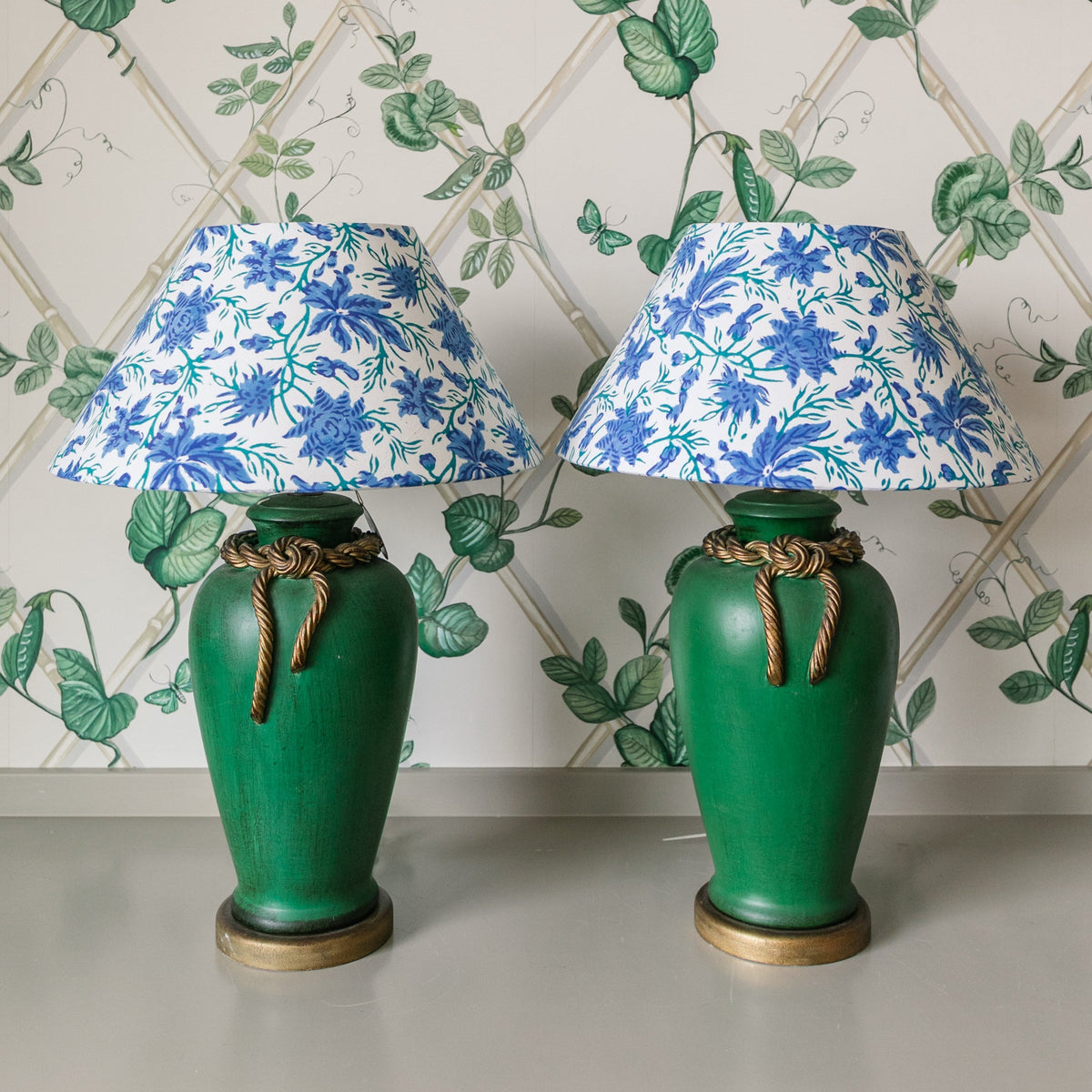 Pair of Green Tassel Lamps with Shades