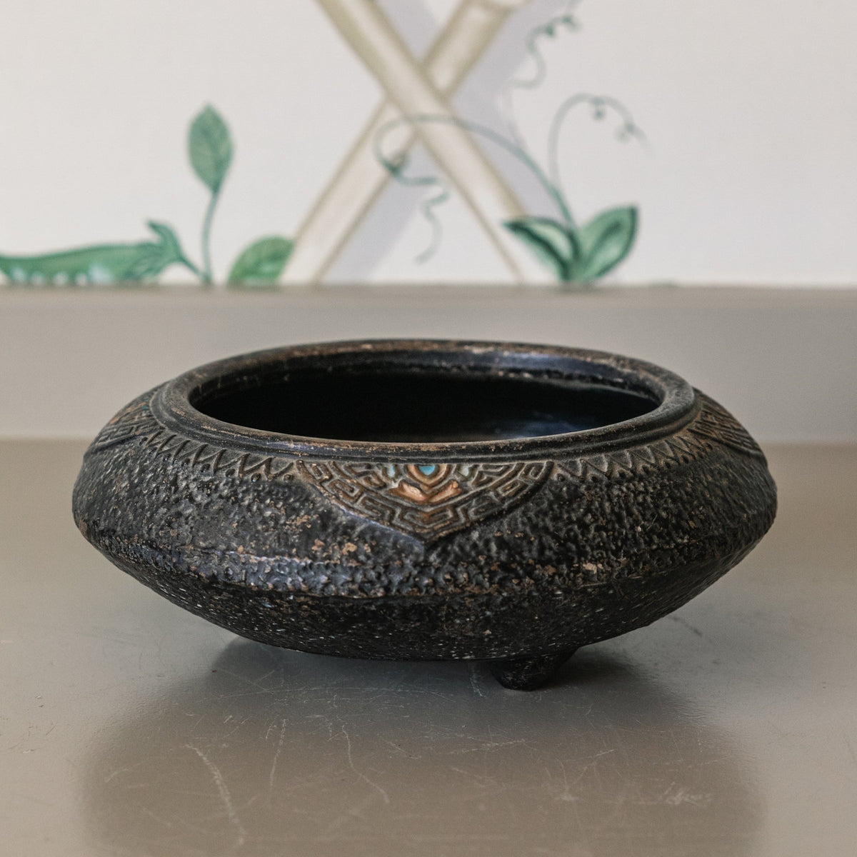 Footed Black Japanese Pottery Bowl