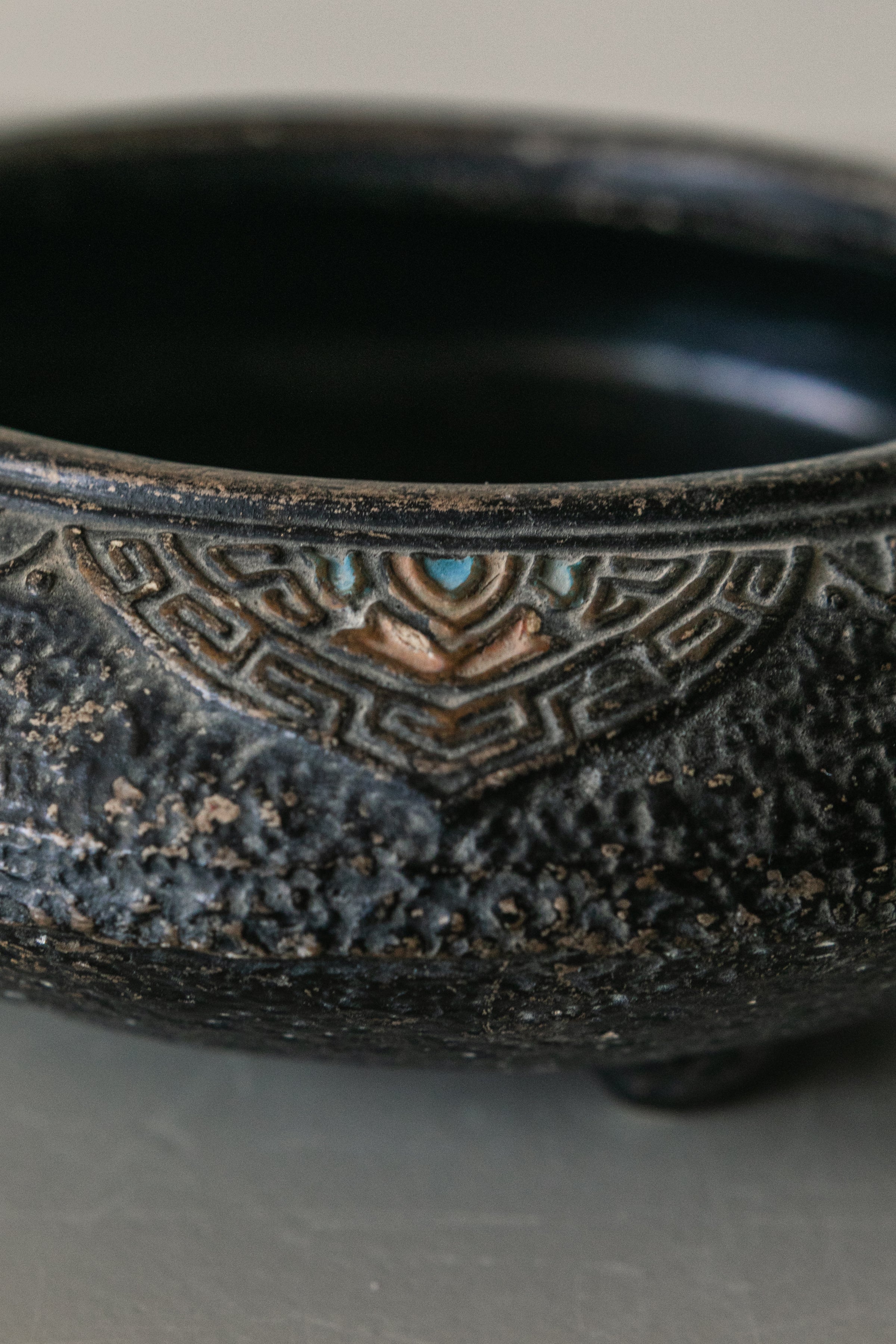 Footed Black Japanese Pottery Bowl