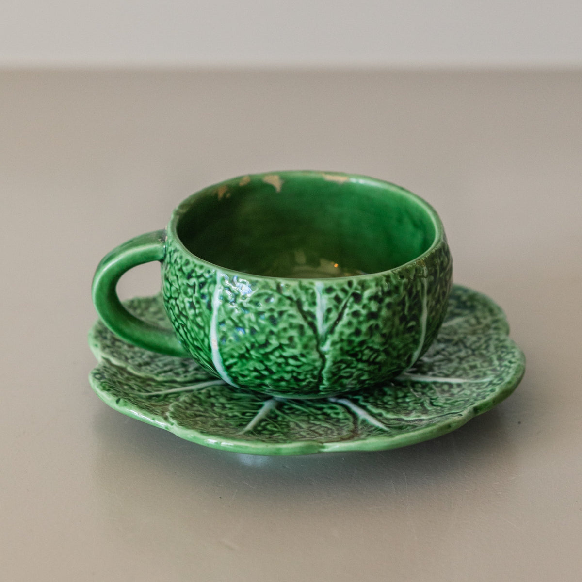 Cabbage Majolica Teacup and Saucer