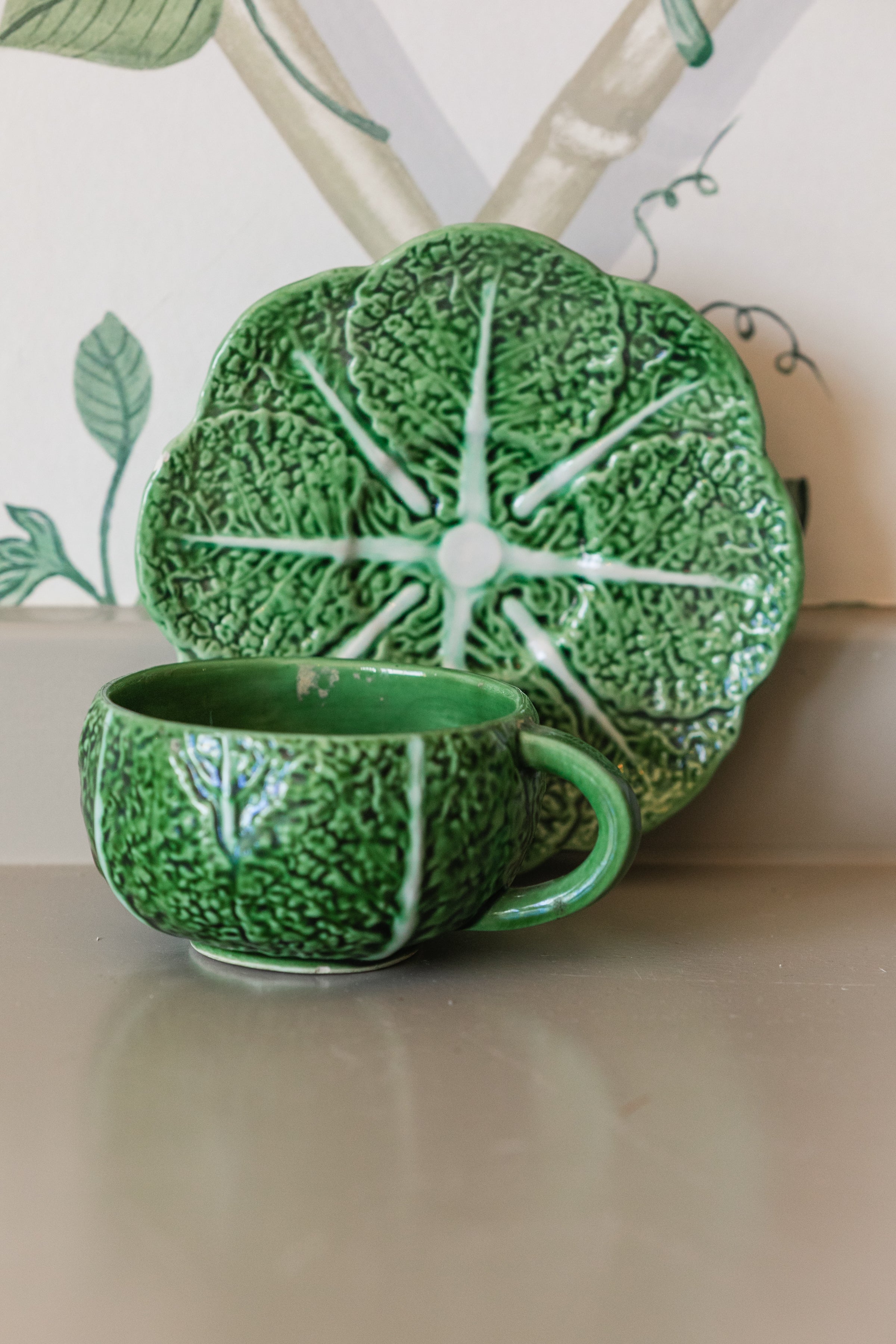 Cabbage Majolica Teacup and Saucer