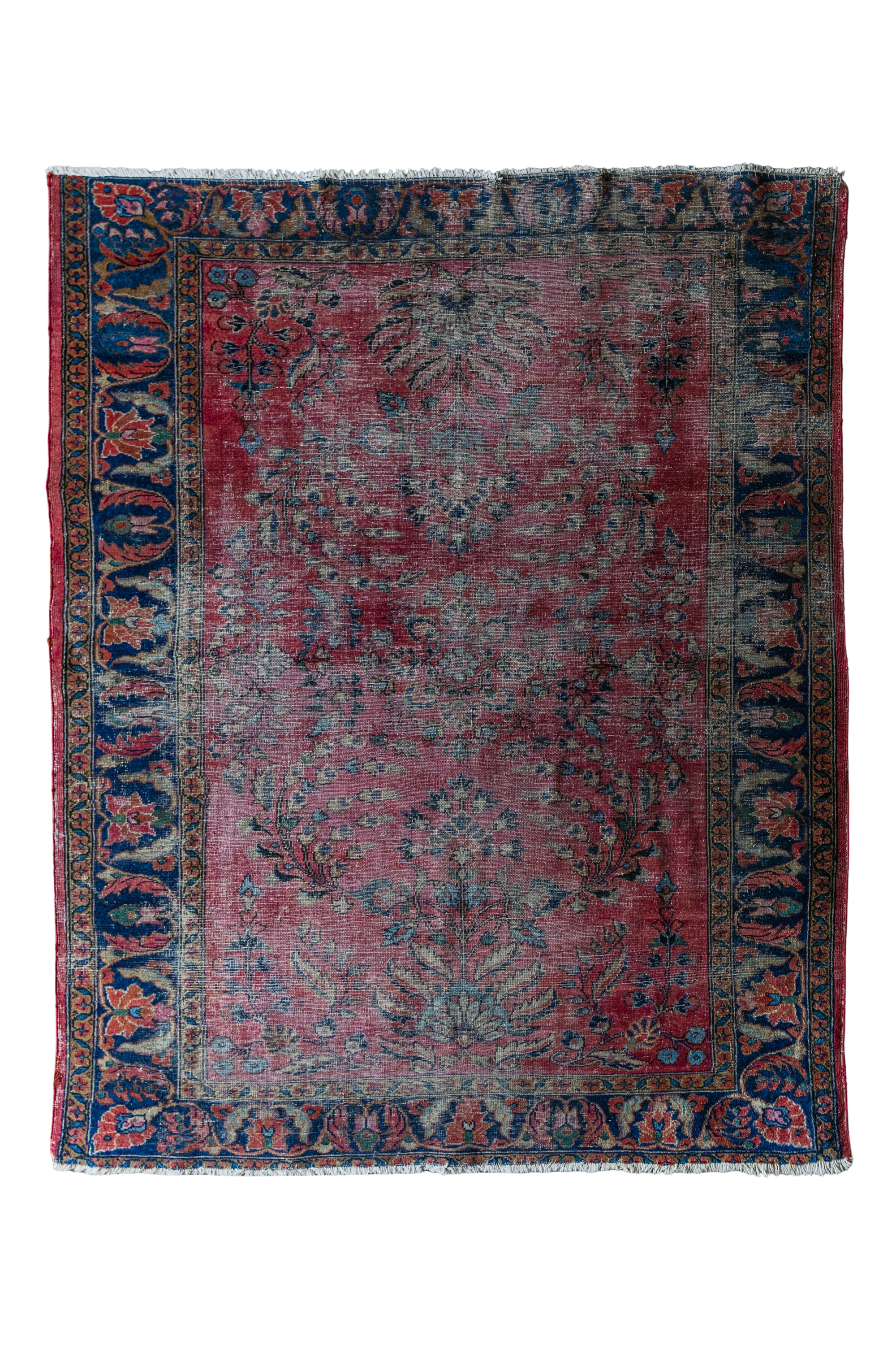 Antique Persian (5x6) Deep Crimson & Navy Floral Vase | Hand-Knotted Rug