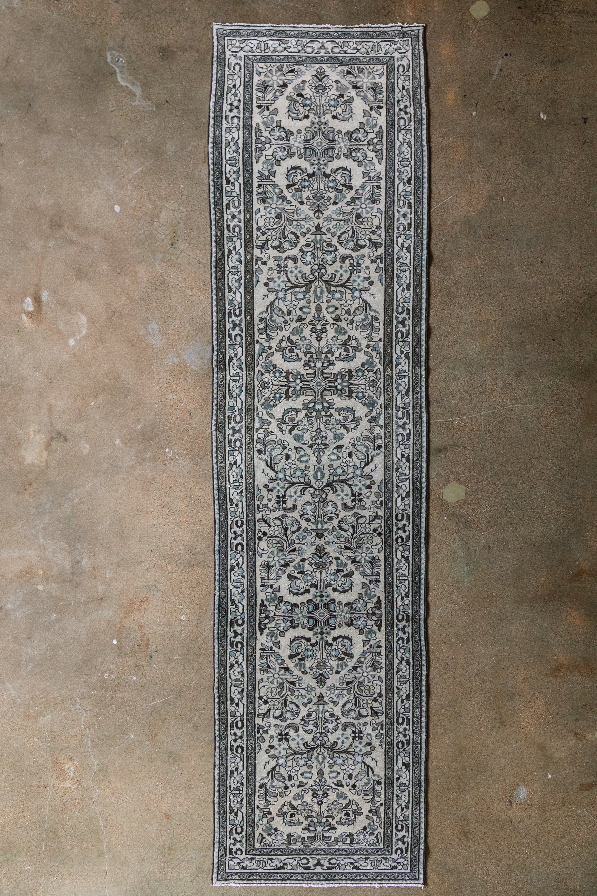 Antique Persian (3x12) Ivory & Slate Blue Hand-Knotted Wool Runner