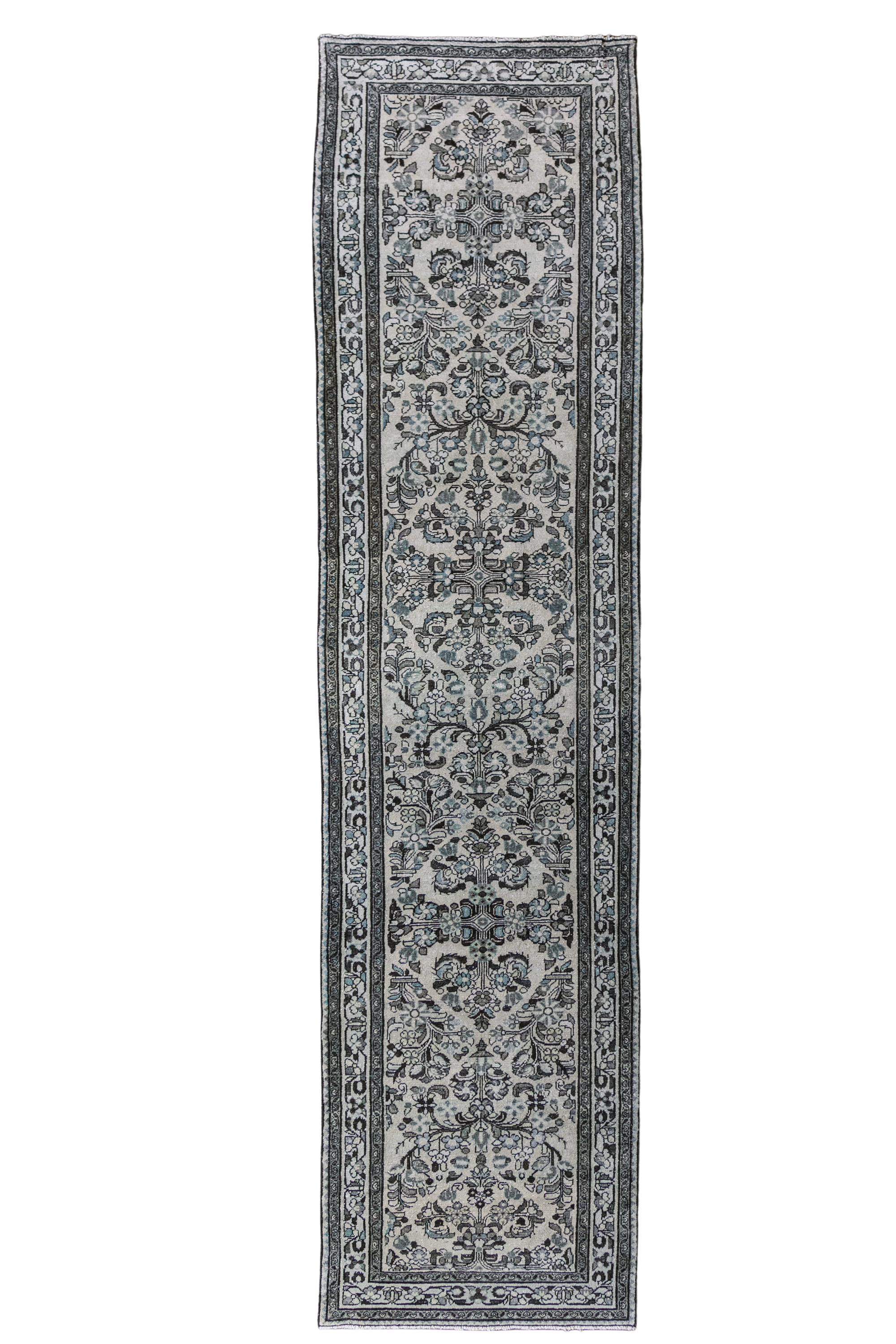 Antique Persian (3x12) Ivory & Slate Blue Hand-Knotted Wool Runner