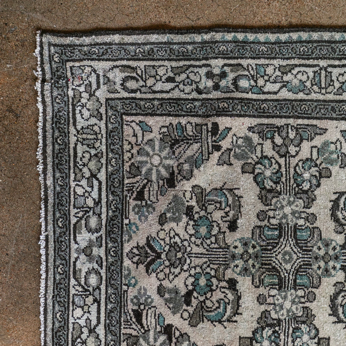 Antique Persian (3x12) Ivory & Slate Blue Hand-Knotted Wool Runner
