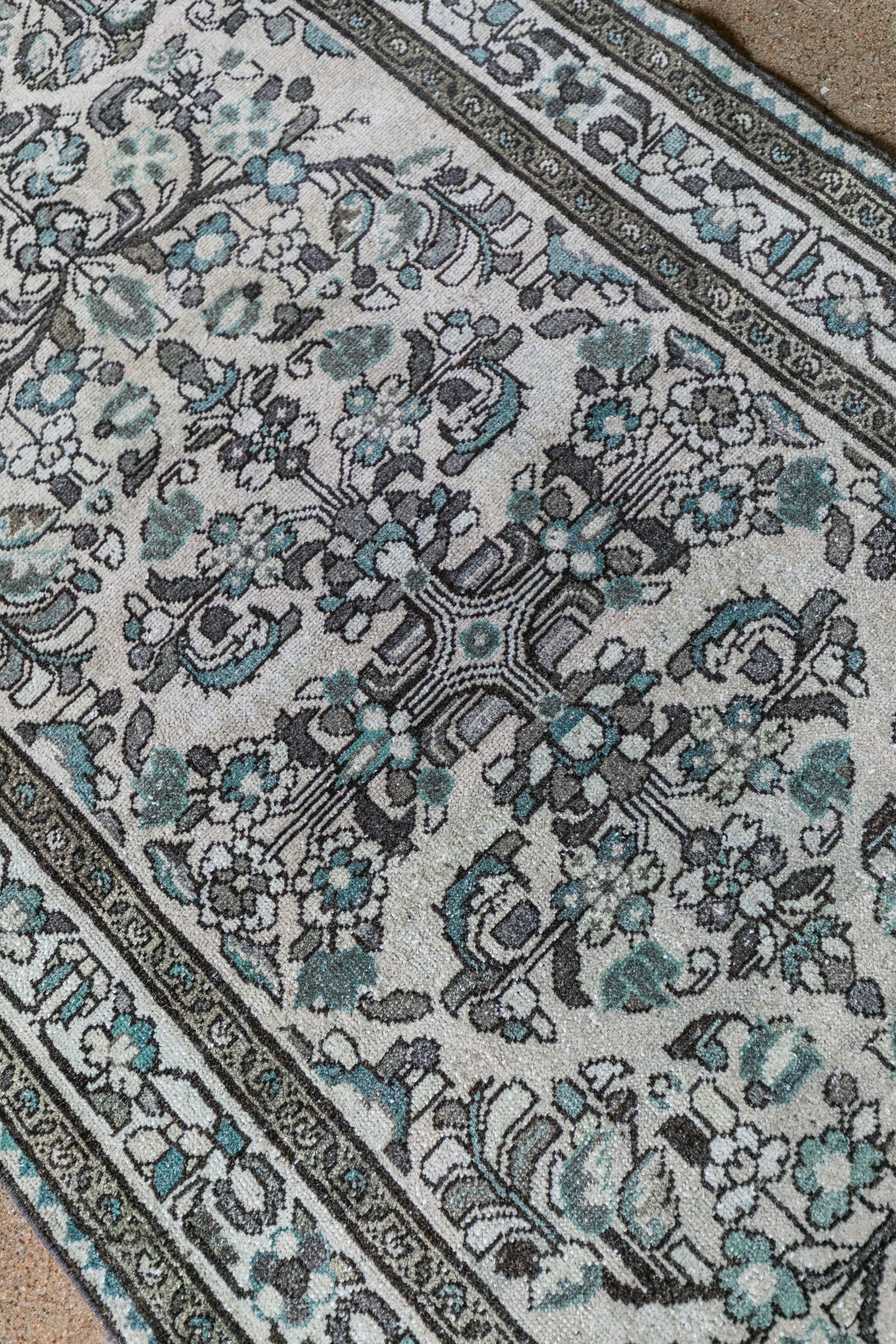 Antique Persian (3x12) Ivory & Slate Blue Hand-Knotted Wool Runner