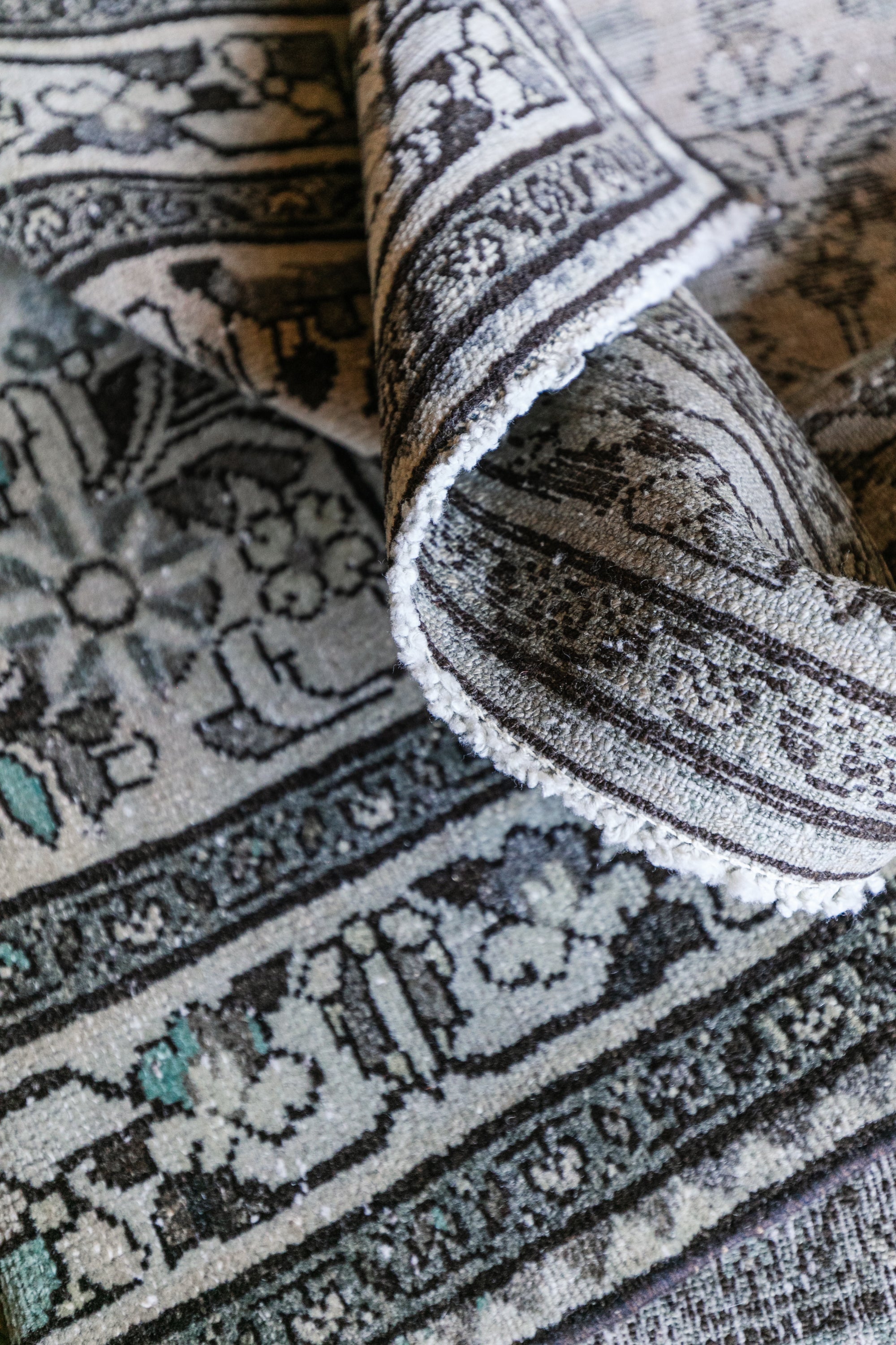 Antique Persian (3x12) Ivory & Slate Blue Hand-Knotted Wool Runner